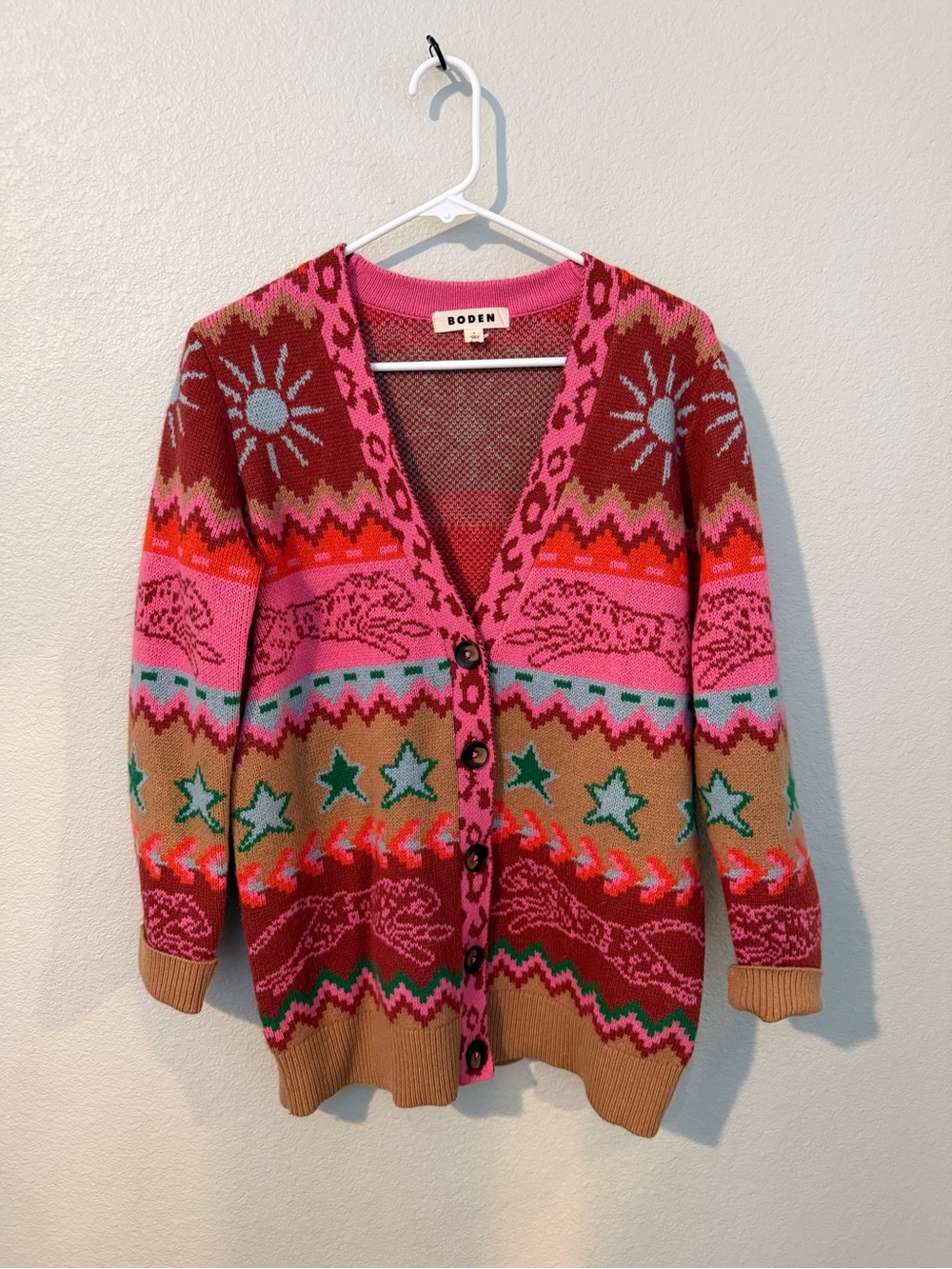 Boden Pink and Red Multi-Pattern V-Neck Button Cardigan